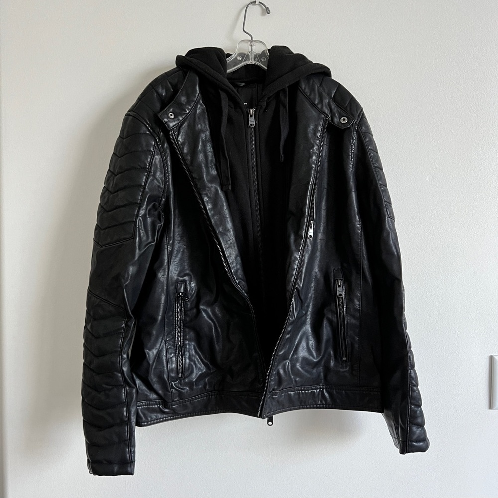 Marc Anthony Slim Fit Faux Leather Hooded Moto Jacket, Black Size L